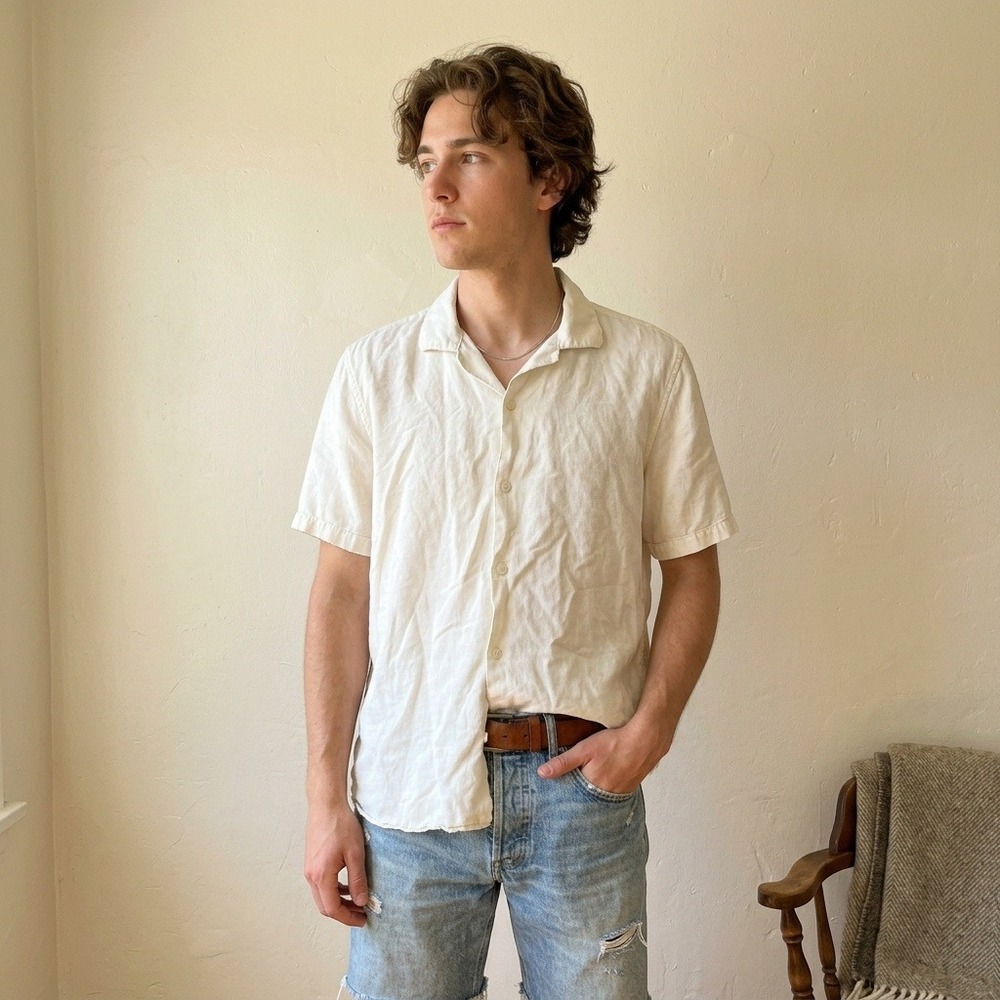 NN07 Miyagi Shirt Mens Small Cream Camp Collar Linen Blend No Nationality